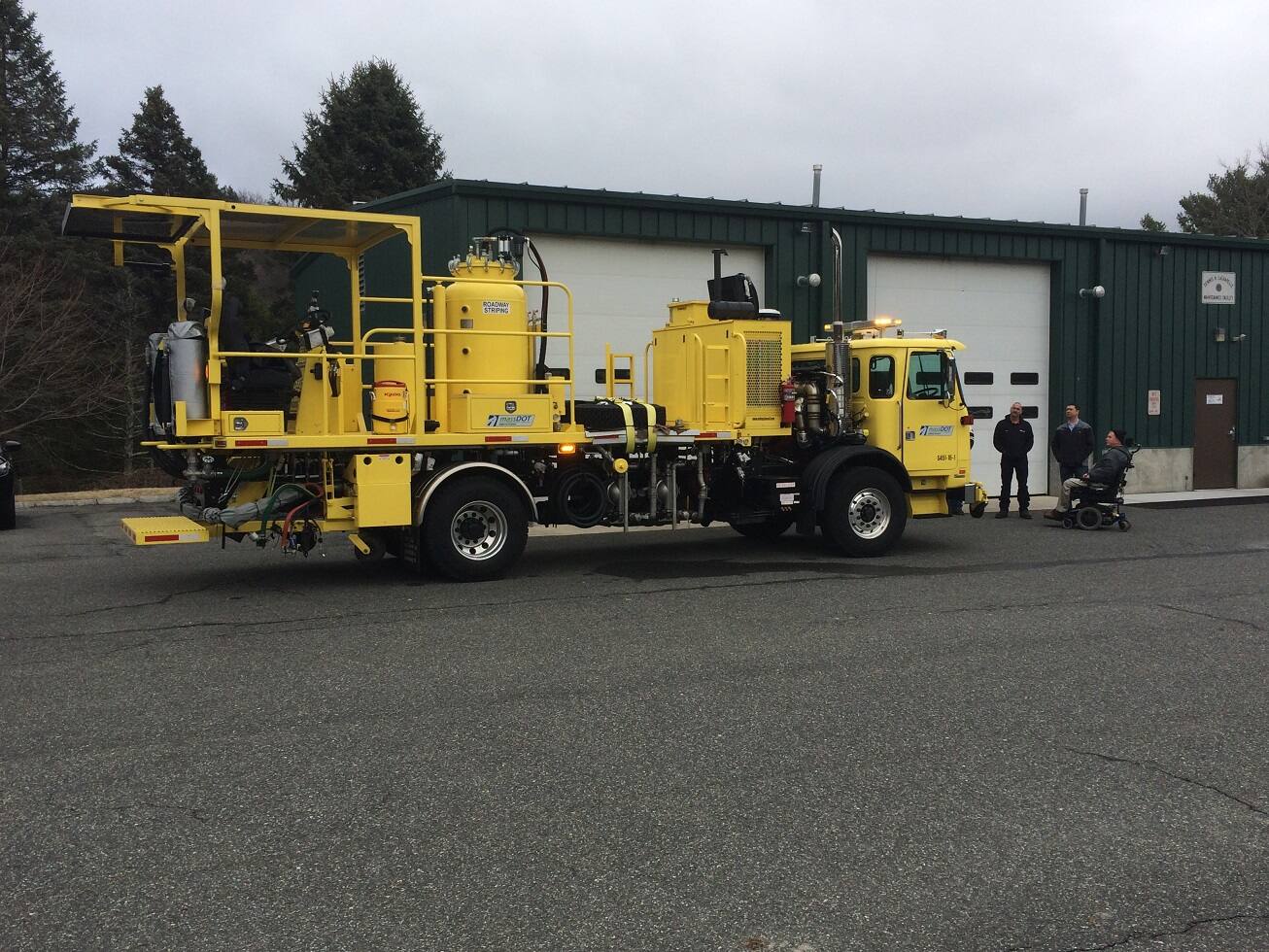 A MassDOT Highway District 1 line-marking truck, March 2016 (MassDOT photo, public domain)